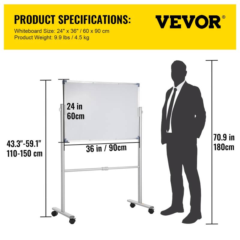 VEVOR Double Sided Whiteboard Mobile Rolling Dry Erase Board w